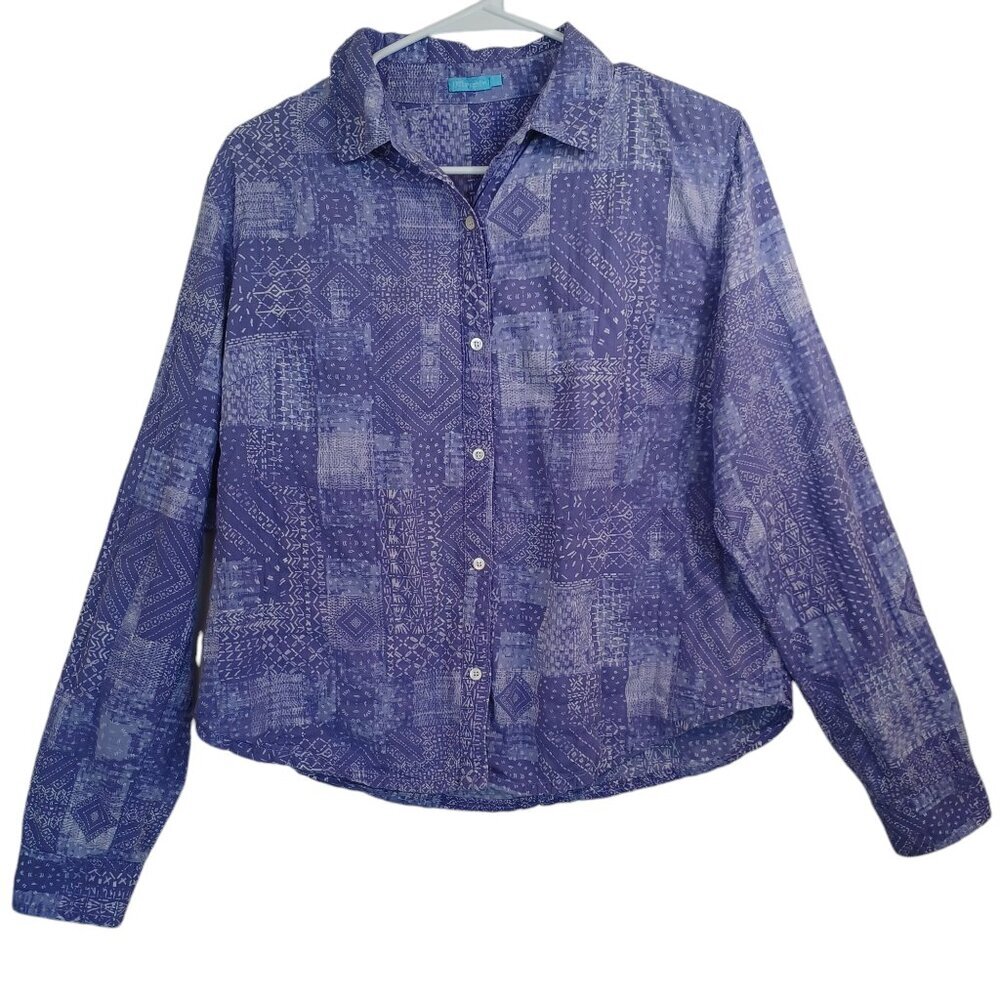 J. McLaughlin Blue Patchwork Mosaic‎ Print Button Down Shirt Womens Large L
